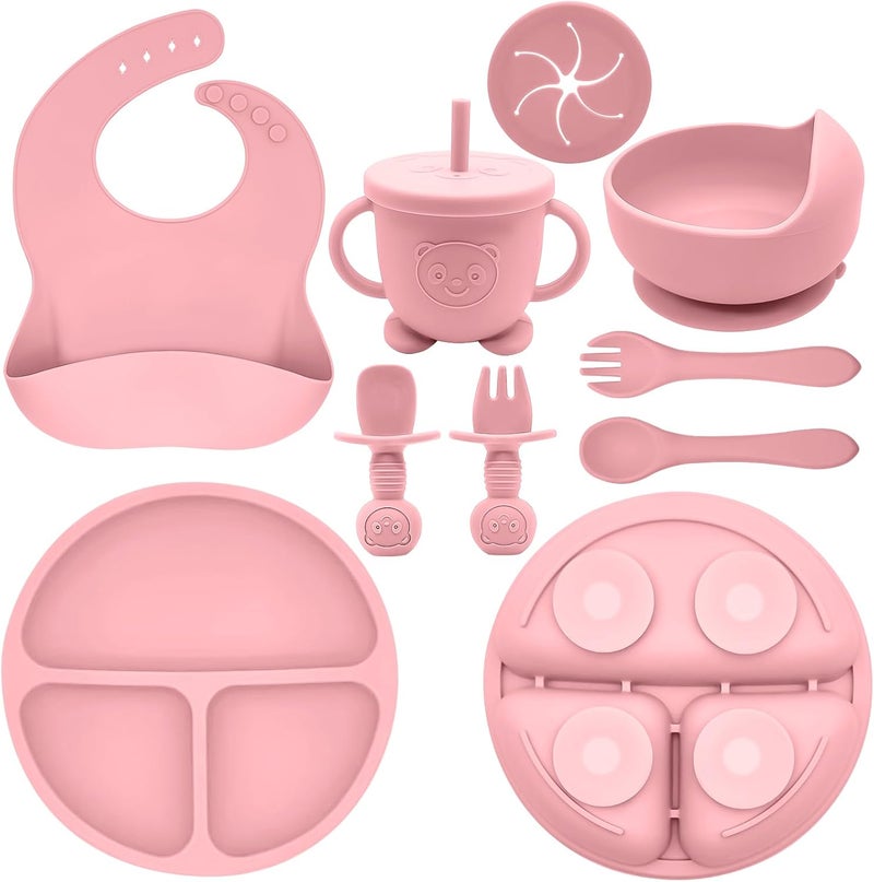Munlinder Silicone Baby Feeding Set | Baby Led Weaning Supplies Includes Suction Bowls and Divided Plates, Adjustable Bib, Baby Utensils Spoons and Forks,Cup | Baby Feeding Essentials (Pink) - Image 1